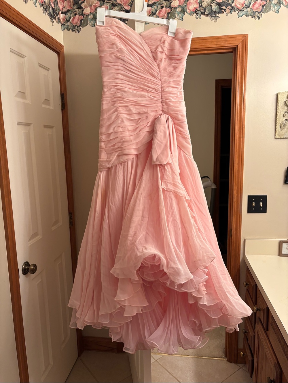 Vintage Mignon Strapless Pink Ruffled Silk Maxi Dress